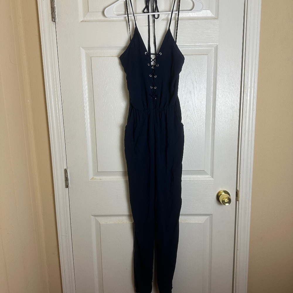 ! Lulus Unpredictable Navy Blue Lace-Up Halter Jumpsuit Women Size M